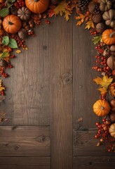 Vibrant fall leaves, acorns, and pumpkins on rustic wood , fall background, autumn, element