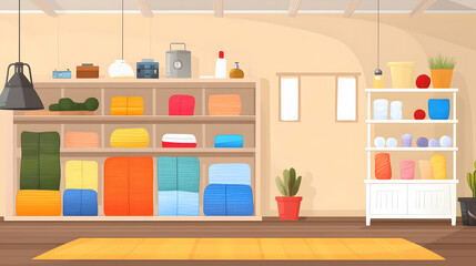 Colorful yarn and fabric storage room; organized shelves with blankets, towels, and various crafting supplies. Perfect for crafting, hobby, or home organization projects.