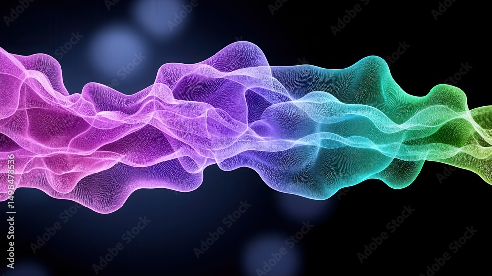 Fototapete Abstract digital art of a vibrant, multicolored, flowing ribbon of particles on a dark background. The ribbon transitions through various hues, creating a dynamic and colorful visual effect.