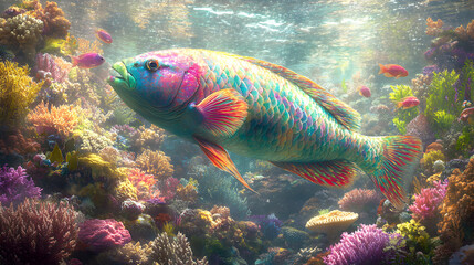 Vibrant rainbow parrotfish swims amidst a lush, colorful coral reef teeming with smaller fish. A captivating underwater scene.