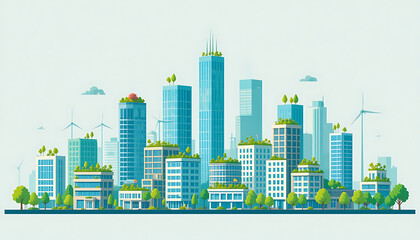 A vector illustration of a modern city skyline with eco-friendly features: buildings with rooftop gardens, solar panels, and wind turbines. Flat design style with green and blue colors.