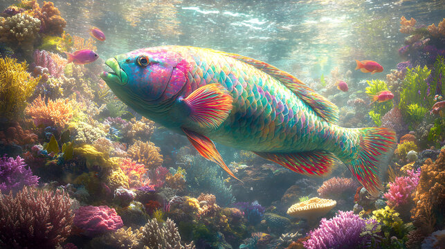 Vibrant rainbow parrotfish swims amidst a lush, colorful coral reef teeming with smaller fish. A captivating underwater scene.