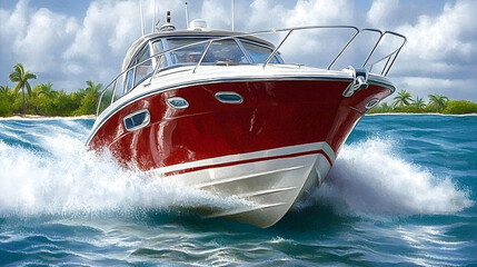 Fototapeta premium A vibrant red luxury motorboat cuts through turquoise ocean waves near a tropical island, showcasing speed and elegance.