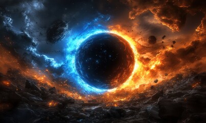 Fiery cosmic clash planet engulfed in fire and ice, used for fantasy backgrounds