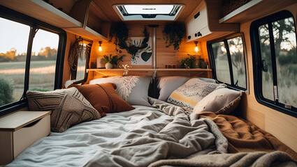 Cozy camper van interior with a neatly made bed, soft blankets and pillows, warm natural lighting through side windows, wood-paneled walls, small storage shelves