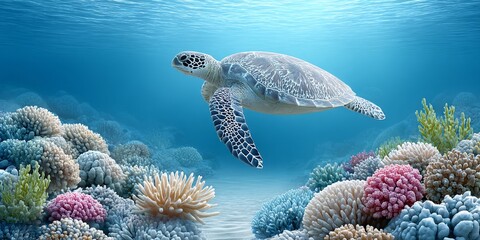 A clean ocean scene with coral reefs restored and turtles swimming