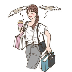 アニメ風の散財している女性のイラスト