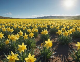 Vast field of daffodils bathed in sunlight, clear blue sky above, scene, foliage, bright