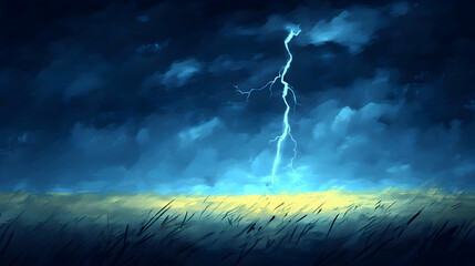 Dramatic lightning strike over a field at night, painted style.