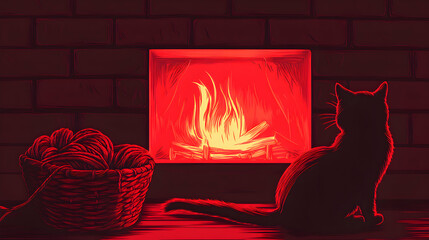 Cozy winter scene a black cat sits by a fireplace, a basket of yarn nearby.  Red tones, woodcut style illustration. Perfect for home decor, greeting cards.