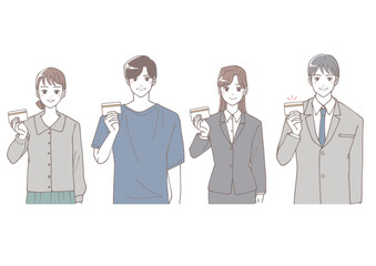 Obraz premium 優しい色合いの手にカードを持っているカジュアルな服装の若者とビジネスマンのイラストセット