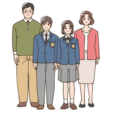 アニメ風の学生の子供がいる家族のイラスト