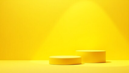 Two yellow cylinder podiums for product display on yellow background