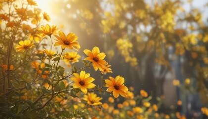 Vibrant yellow and orange blooms, blurred sunny bokeh background, yellow, closeup, nature