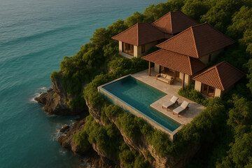 Drone View of Luxury Balinese Cliffside Villa Overlooking Ocean