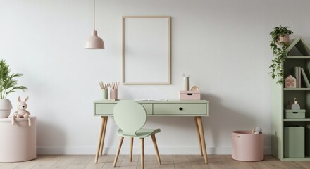 Pastel Green Kids Study Desk Setup with Bookshelf and Plants, Ideal for Home Office Decor