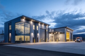 Modern industrial building exterior at dusk or twilight