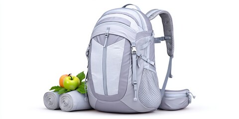 Naklejka premium A hiking pack with rolled up reusable bags clipped to the side