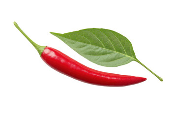 Fresh red chili pepper with green leaf on black background, cut out