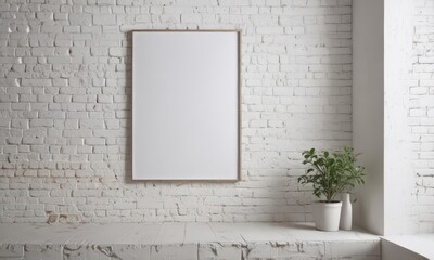 Poster mockup on clips, white brick wall background  Modern interior decor ,  marketing,  background