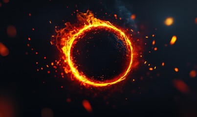 Fiery Ring Encircling Dark Sphere, Space Background, Abstract Energy