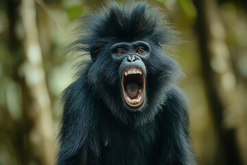 Obraz premium Sulawesi crested macaque screaming with expressive anger in a dense forest