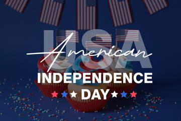 Tasty patriotic cupcakes on color background