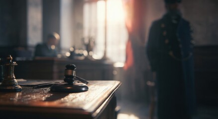 Gavel on desk in dimly lit courtroom