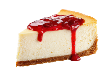 Slice of classic cheesecake with strawberry topping on black background, cut out