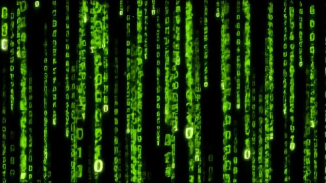Matrix-style green digital code rain Immerse yourself in the futuristic allure of this digital cascade, featuring an intricate pattern of binary code descending against a dark backdrop.