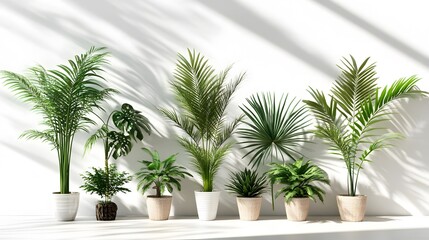 Fototapeta premium Arrangement of various houseplants against a white wall.