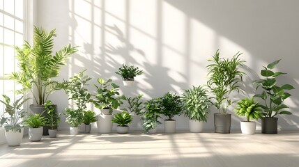 Fototapeta premium Arrangement of various houseplants in a bright, sunlit room.