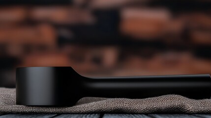 Obraz premium Close-up of a sleek black handle resting on a textured fabric against a blurred wooden background