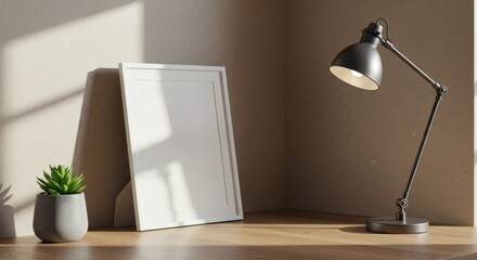 Modern Home Office Desk Setup with White Frame Mockup and Stylish Desk Lamp