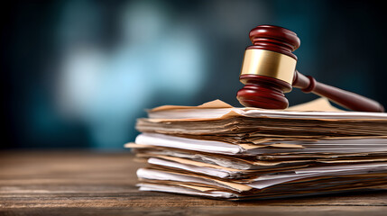 Gavel atop a stack of legal documents suggests legal proceedings or important case files in a court