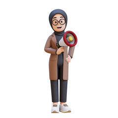 3D muslim girl character holding a megaphone with excited