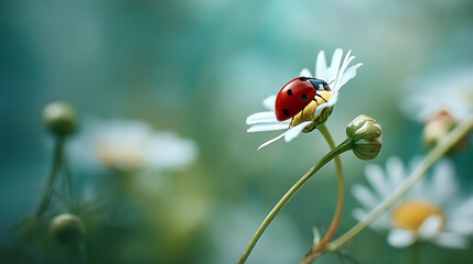 A vibrant ladybug perched on a daisy amidst a serene garden background with soft bokeh