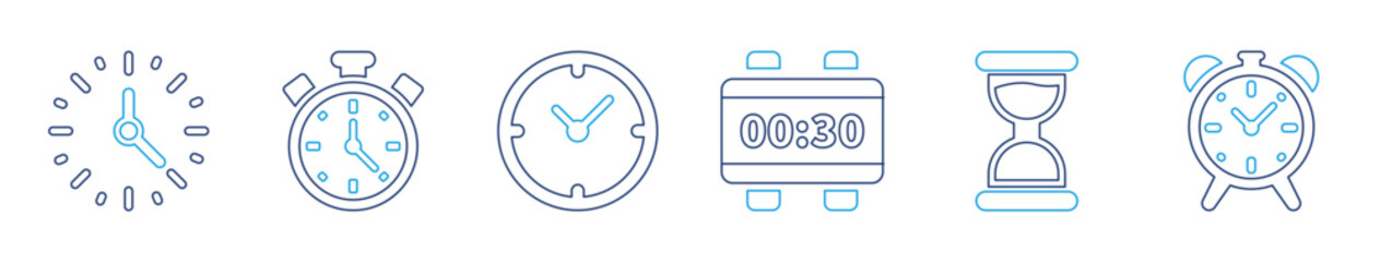 Clock and time icon collection in line style showing stopwatch, timer, alarm, digital display, hourglass, and analog clock