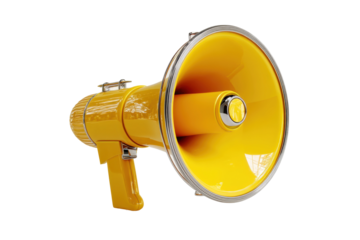 Yellow megaphone with silver trim and handle, cut out