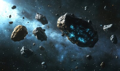 Glowing asteroids in space, cosmic background, nebula, for science fiction