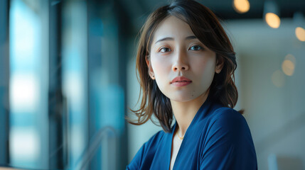 woman with shoulder length hair gazes thoughtfully out window, reflecting serene atmosphere
