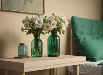Elegant bottle vase filled with flowers rests on a beige nightstand beside an emerald green bed  ,  minimalist,  image
