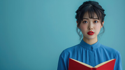 young woman with dark hair holds red book against blue background, expressing curiosity and engagement