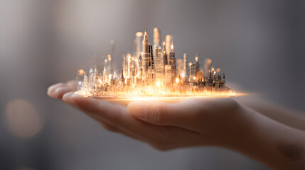 Miniature Glowing Cityscape Held Gently in Human Hands with Bokeh Lights


