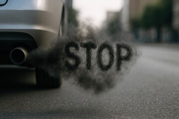 Obraz premium Car exhaust pipe emitting black smoke forming word stop, air pollution concept