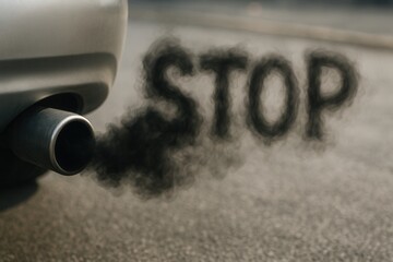 Car exhaust pipe emitting black smoke forming the word stop