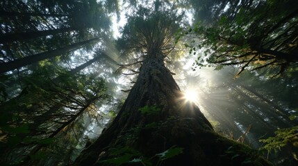 Serene Evergreen Tree Landscape with Sun Rays and Misty Forest1-high fidelity