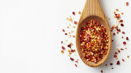 Dried chili flakes rest on a wooden spoon against a clean white background with copy space on the left side. Selective focus highlights the vibrant red color and textured surface, symbolizing spice an
