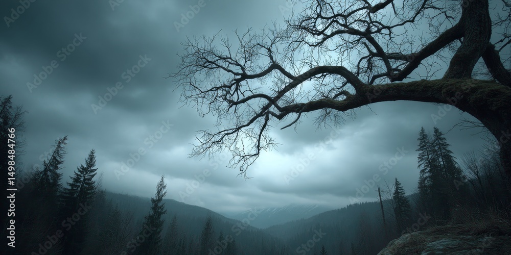 Poster a dark gothic forest with twisted trees and heavy overcast skies filtering dim light