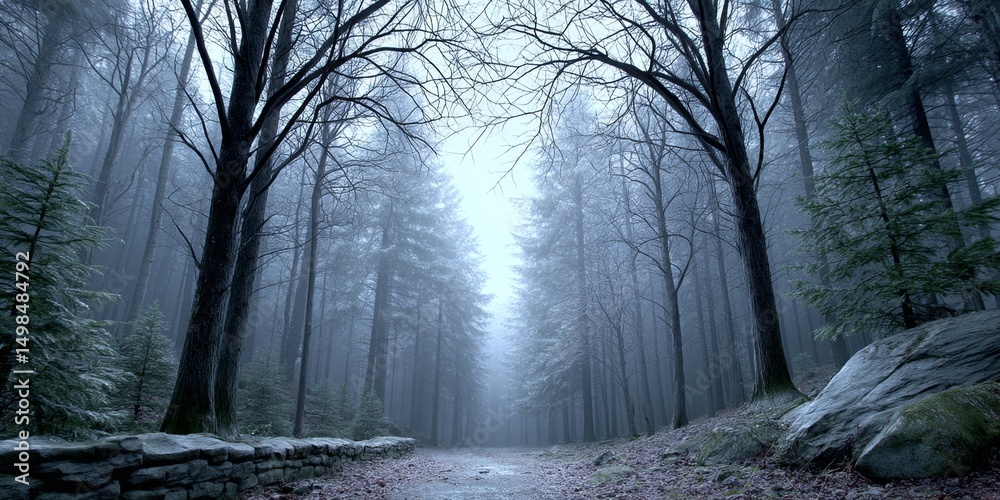 Poster a dark gothic forest with twisted trees and heavy overcast skies filtering dim light